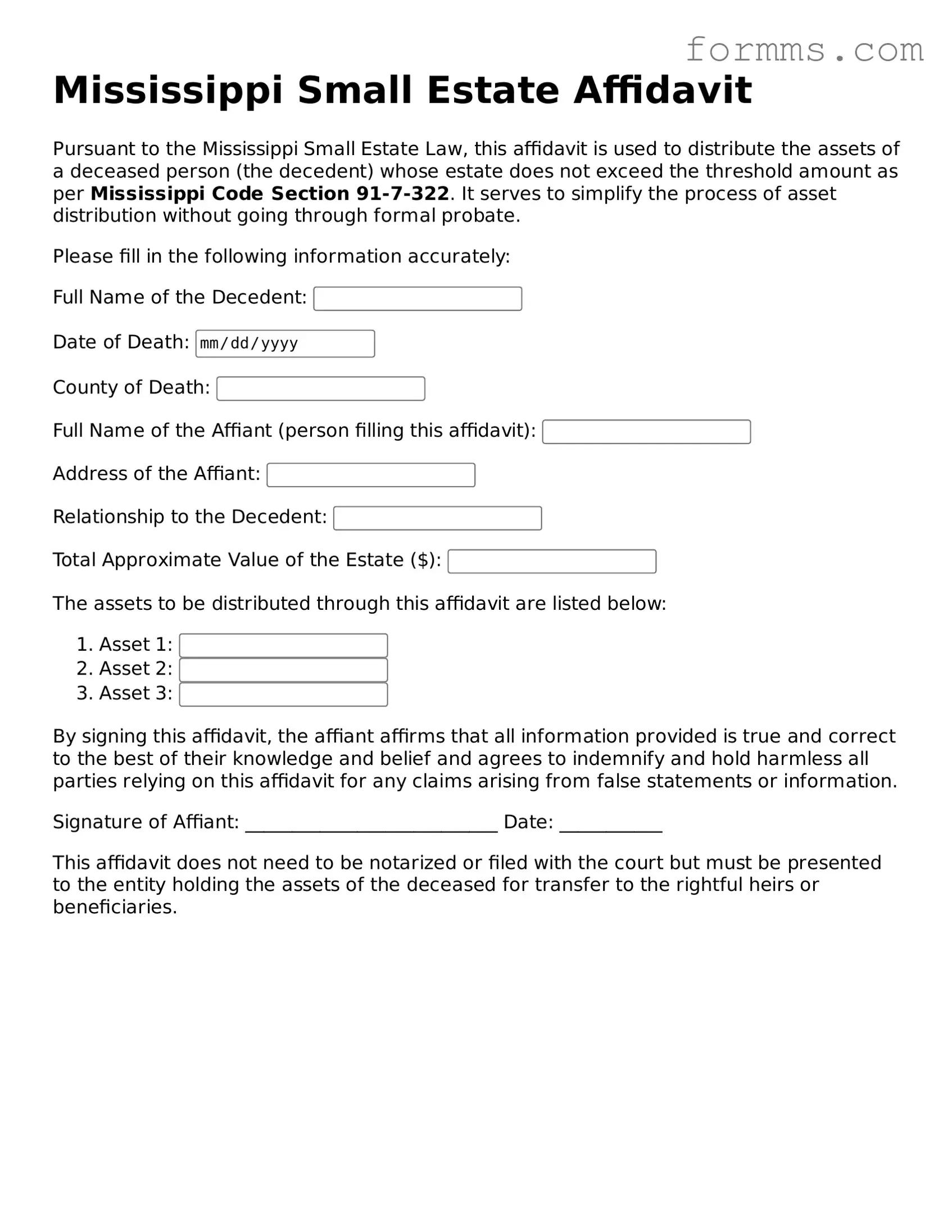 Free Mississippi Small Estate Affidavit Form
