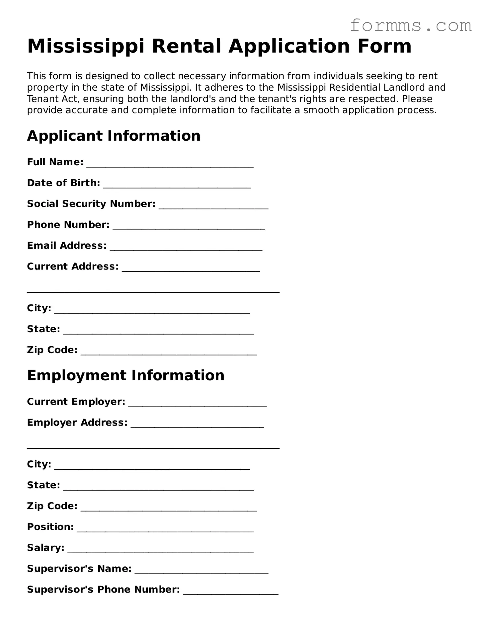 Free Mississippi Rental Application Form