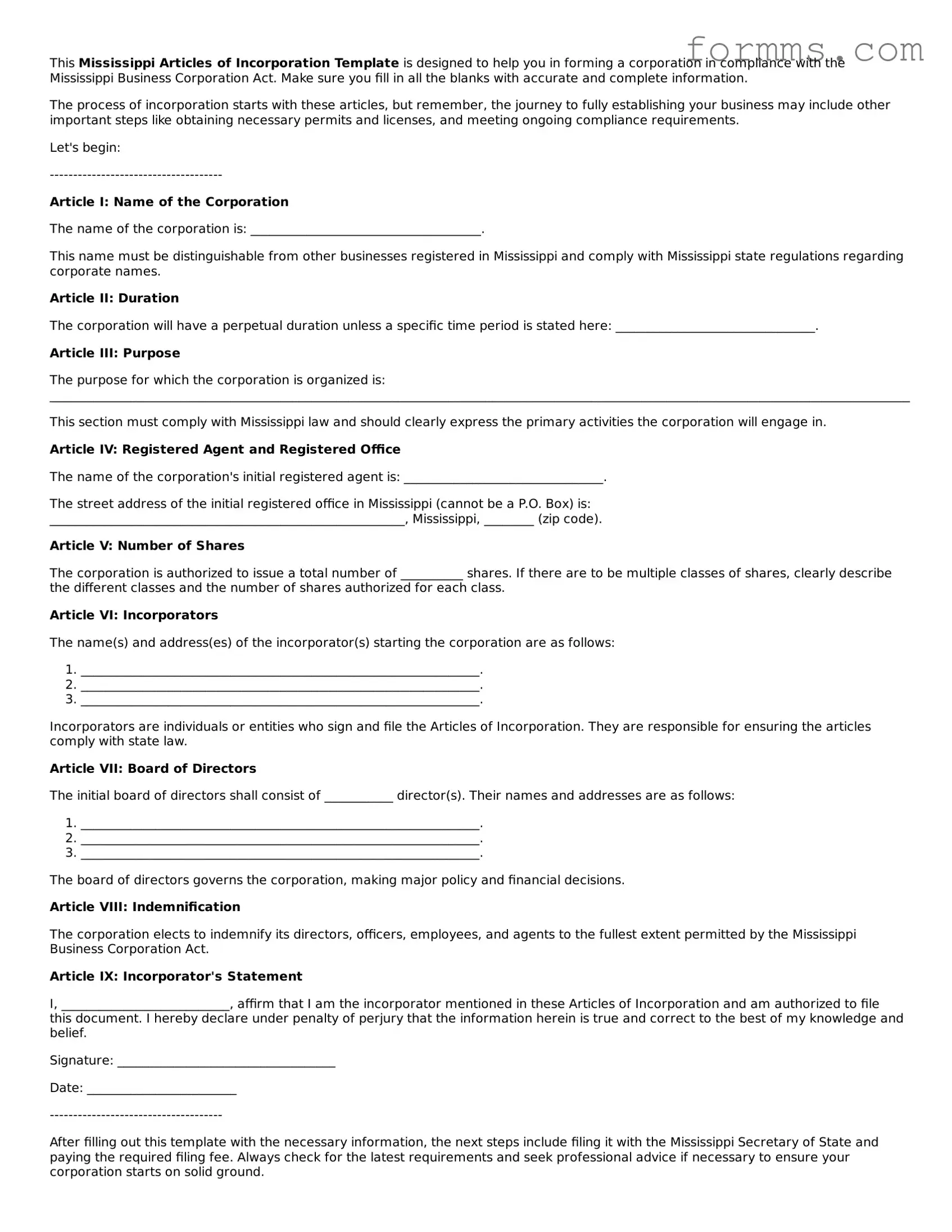 Free Mississippi Articles of Incorporation Form