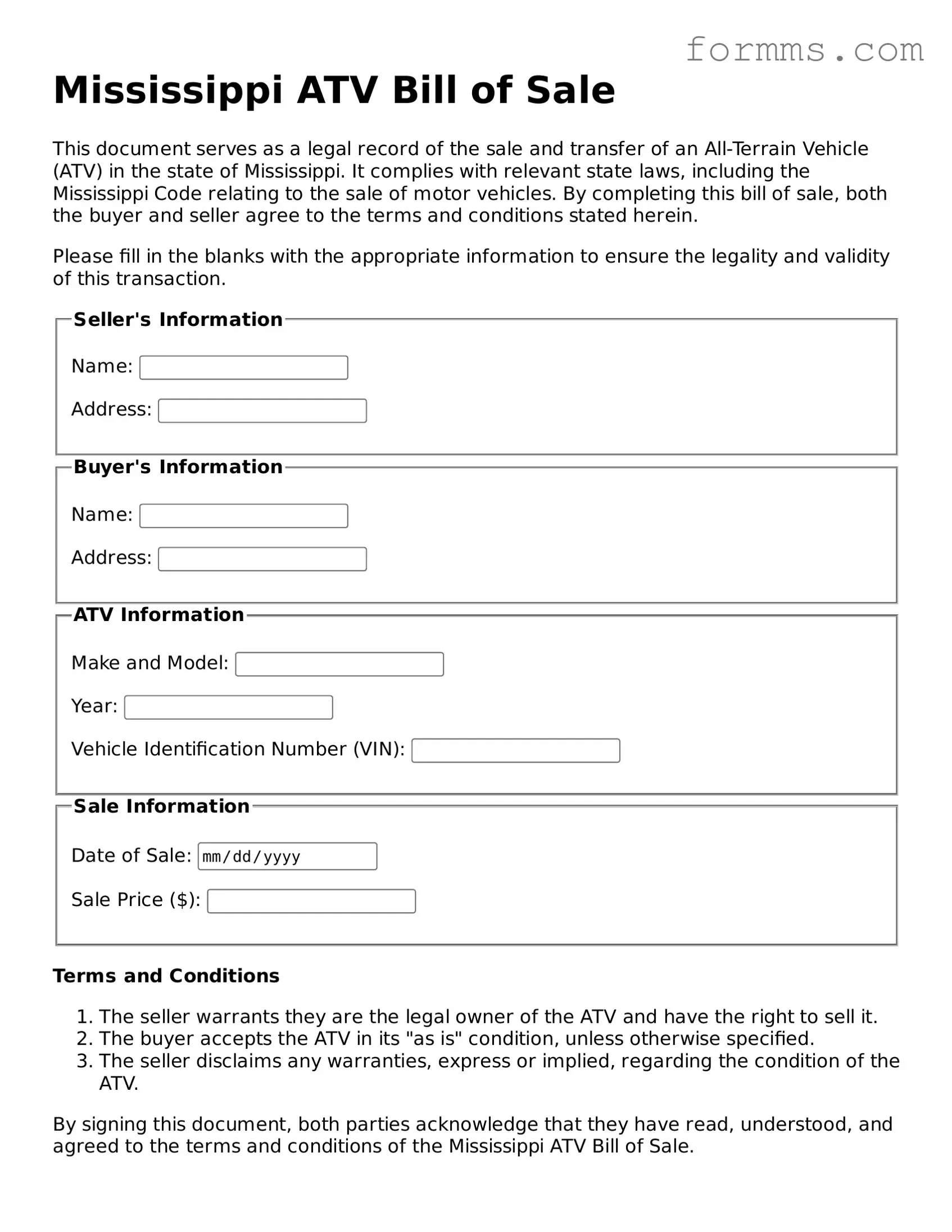 Free Mississippi ATV Bill of Sale Form