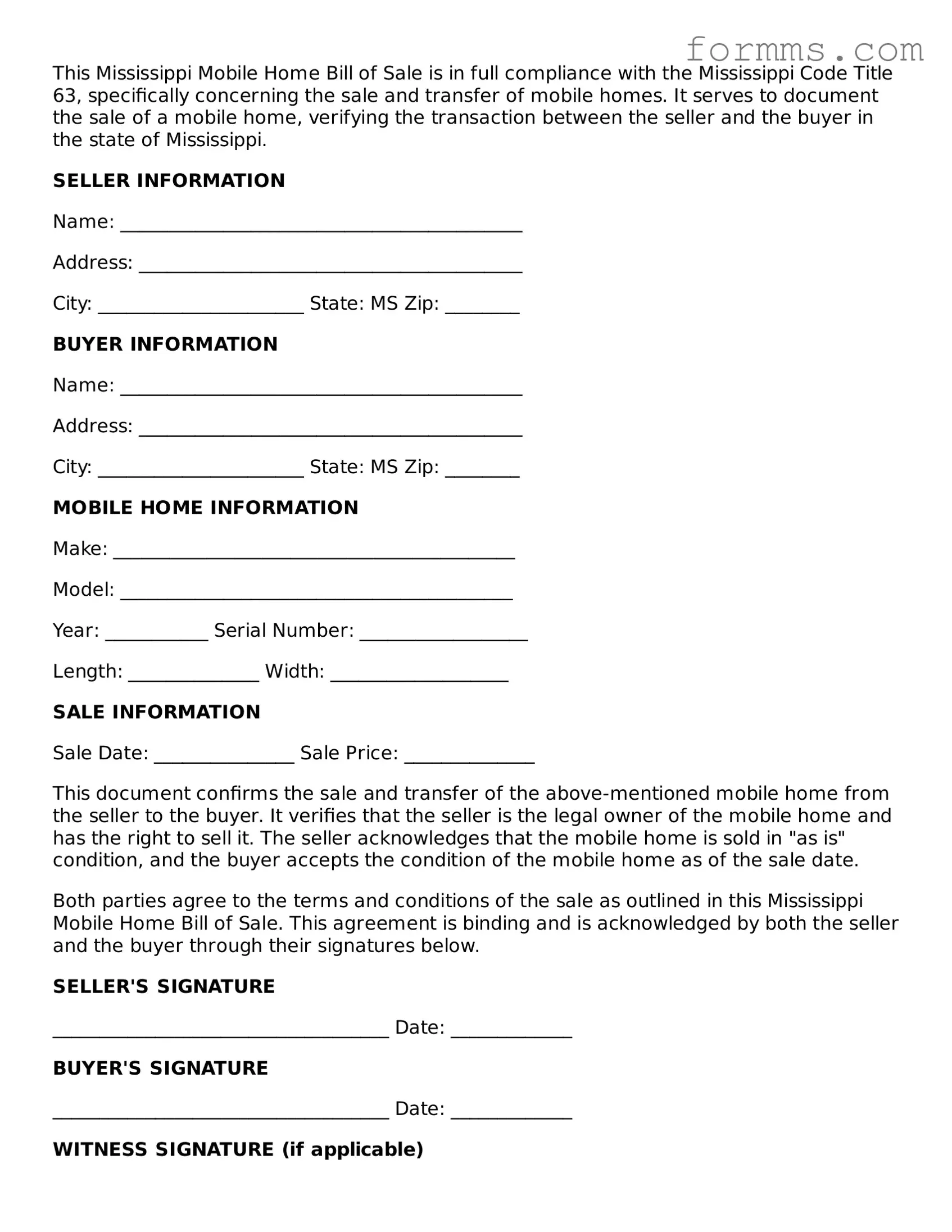 Free Mississippi Mobile Home Bill of Sale Form
