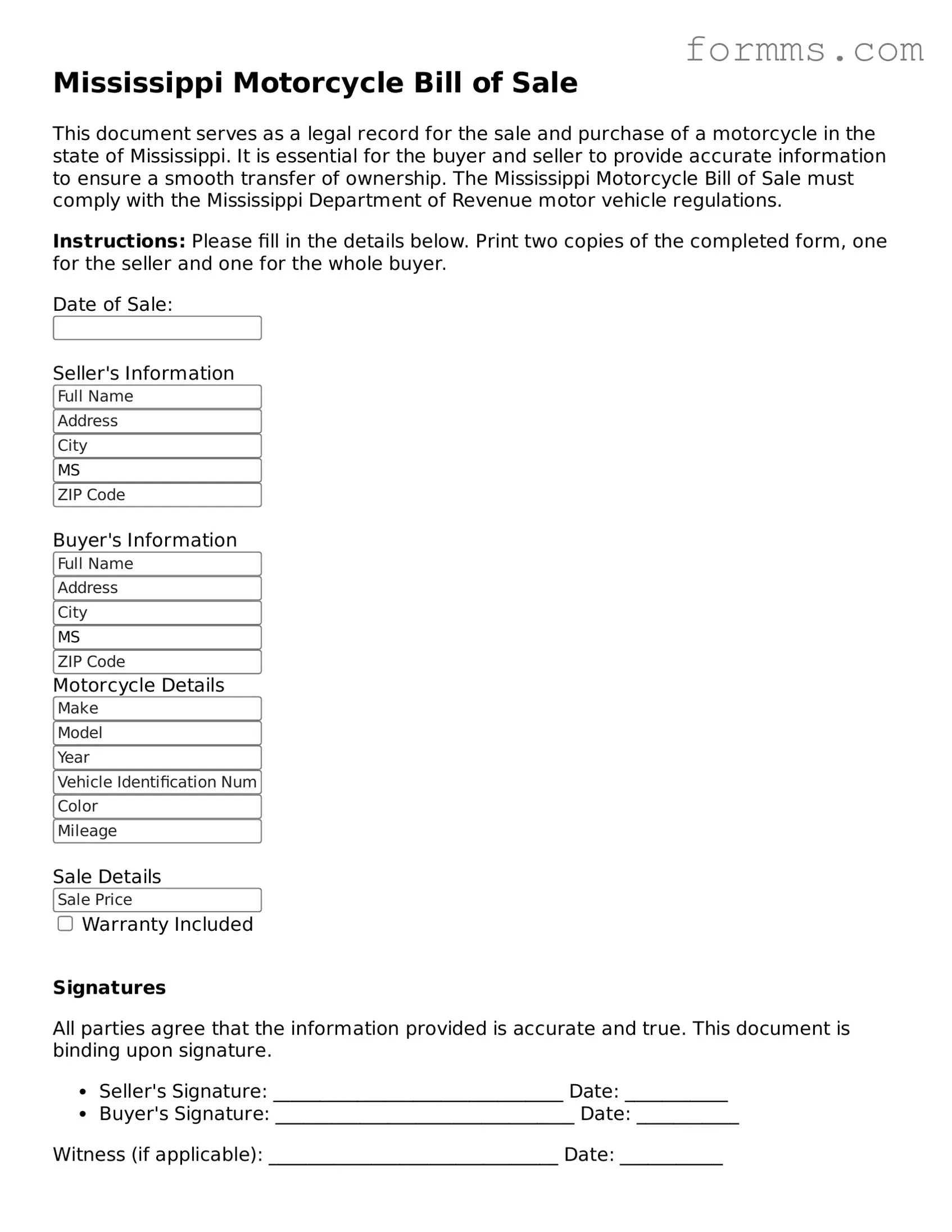 Free Mississippi Motorcycle Bill of Sale Form