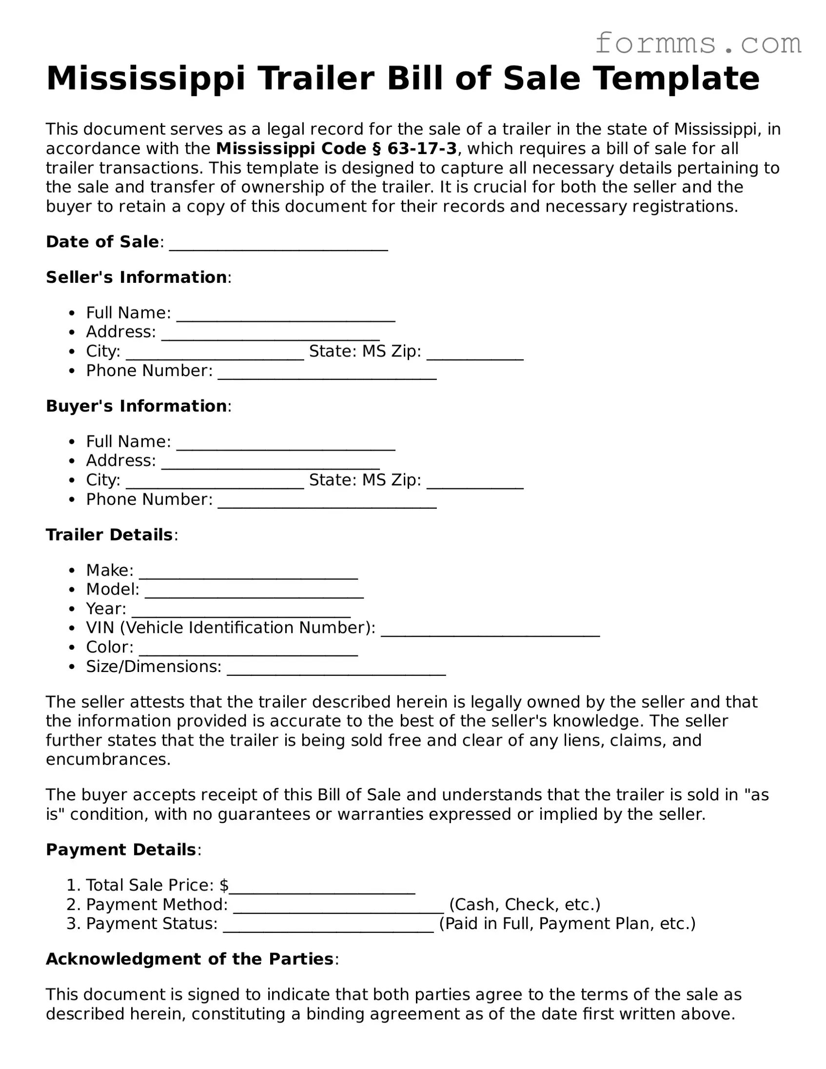 Free Mississippi Trailer Bill of Sale Form