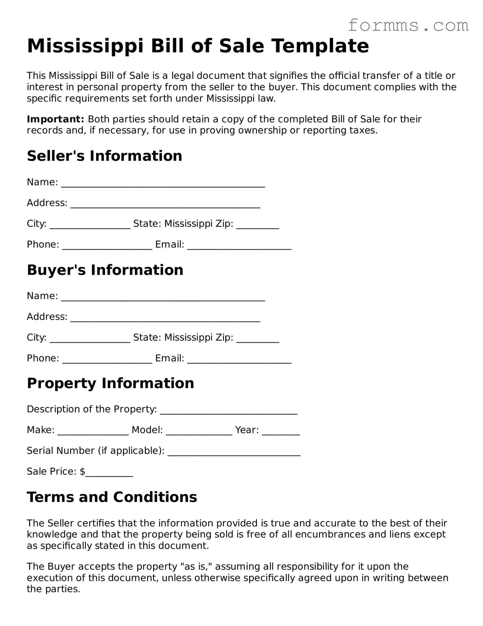 Free Mississippi Bill of Sale Form
