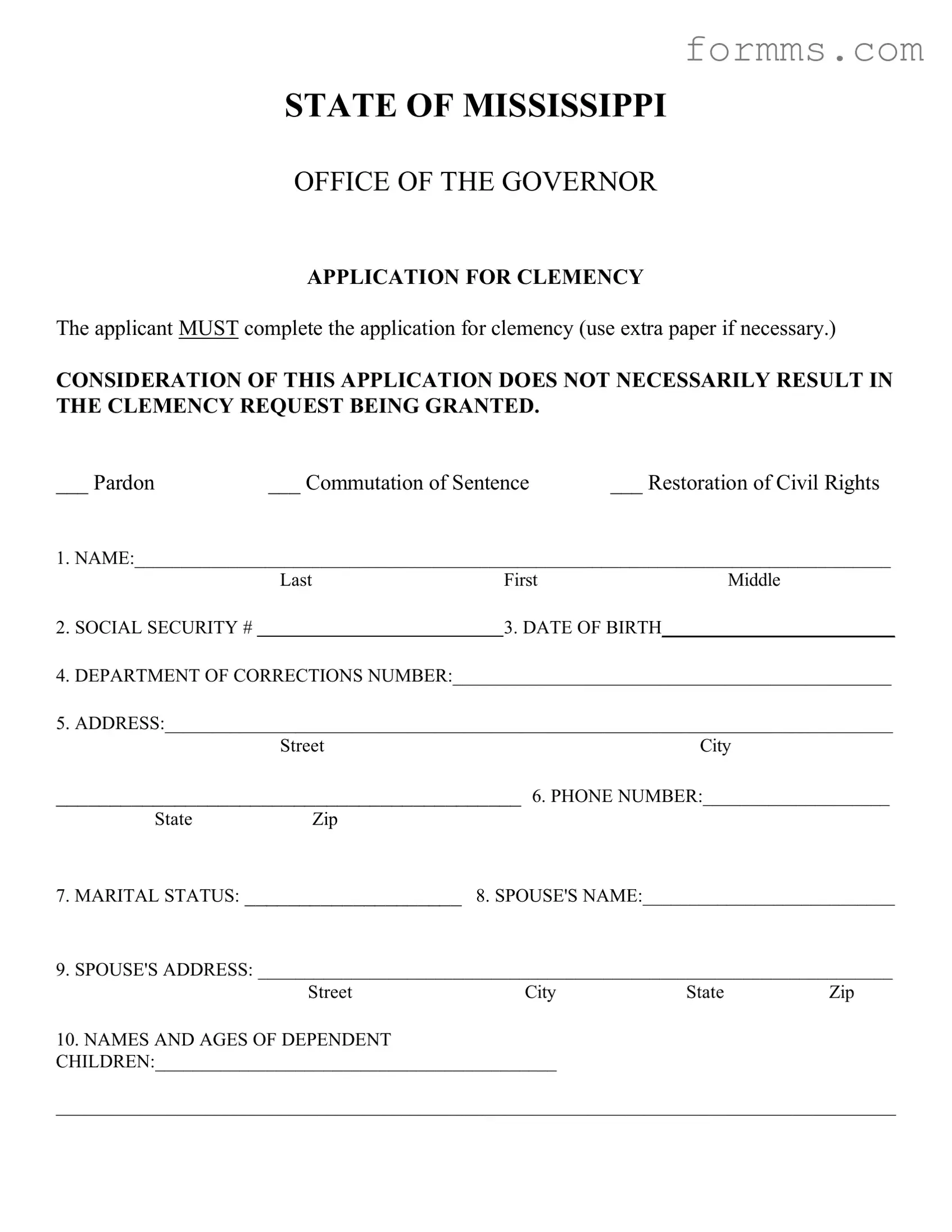 Mississippi Clemency Template in PDF