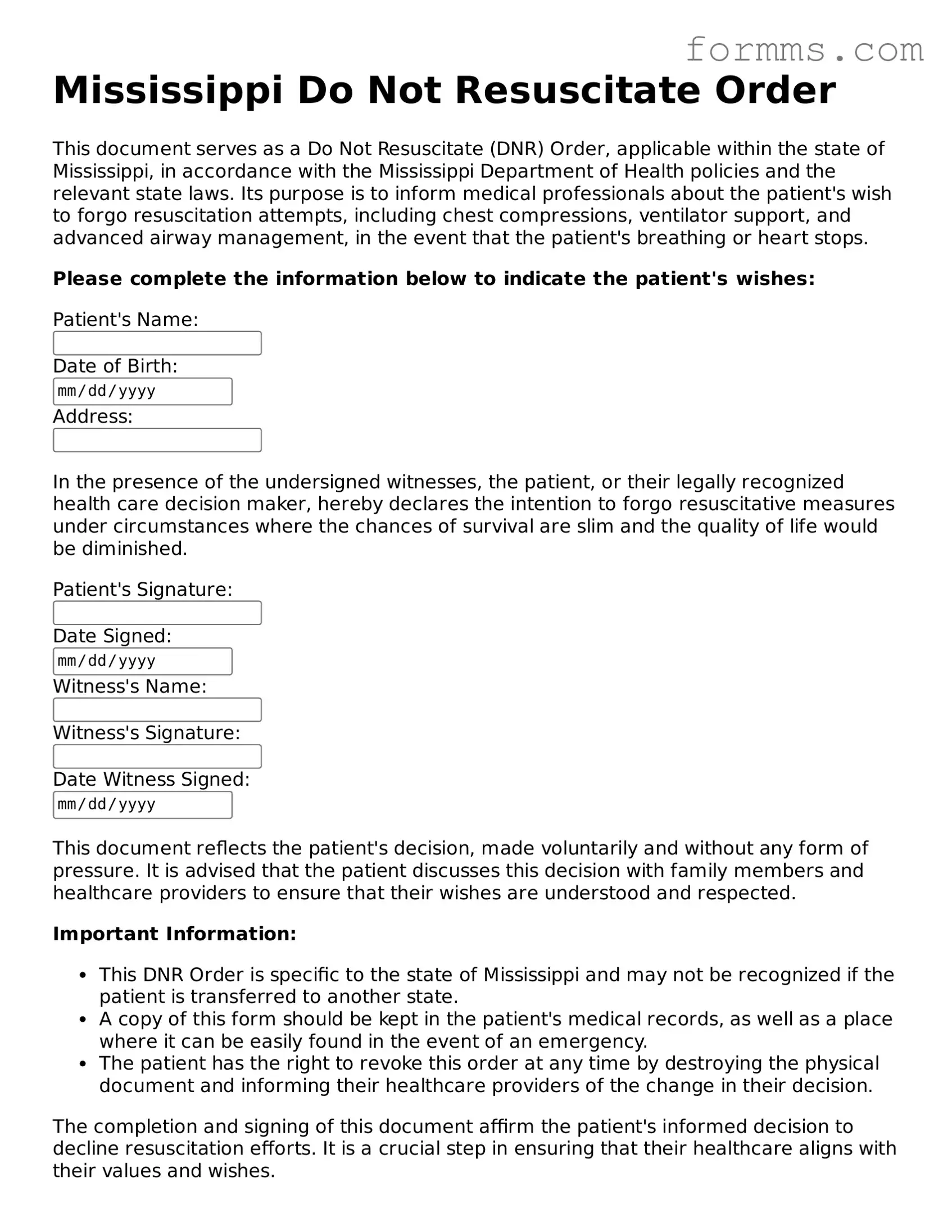 Free Mississippi Do Not Resuscitate Order Form