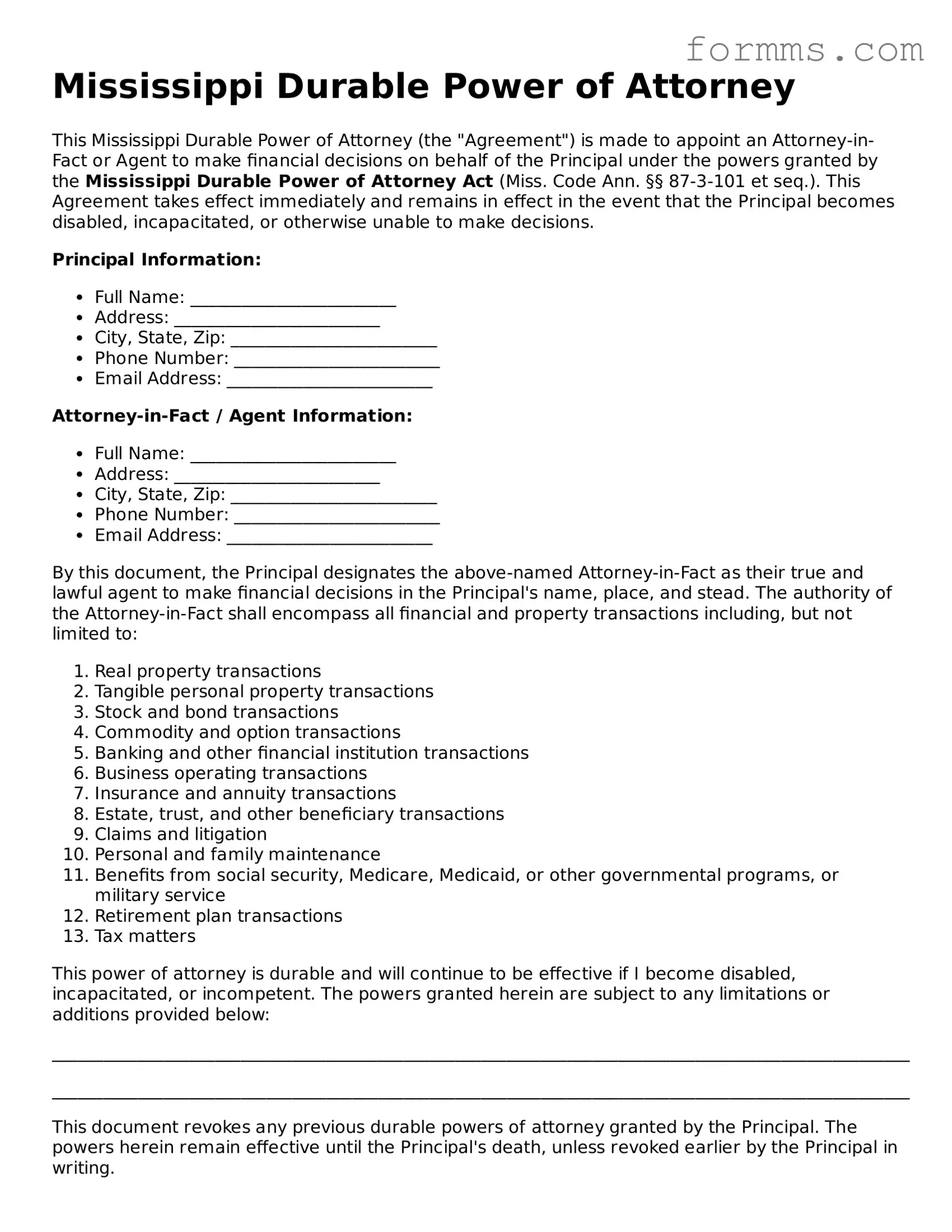 Free Mississippi Durable Power of Attorney Form
