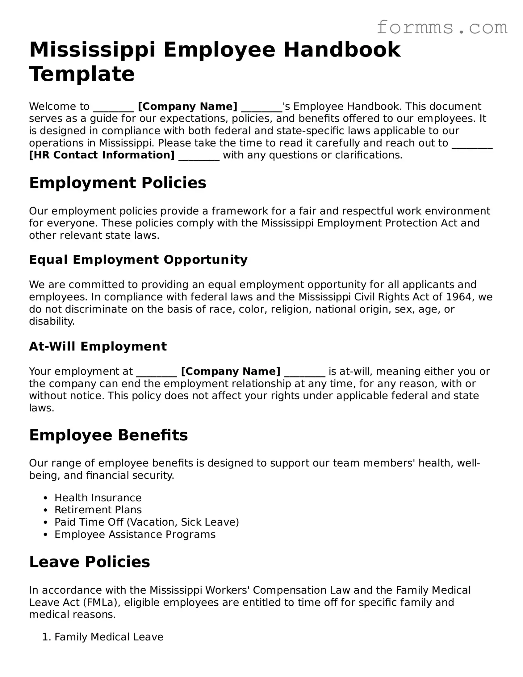 Free Mississippi Employee Handbook Form
