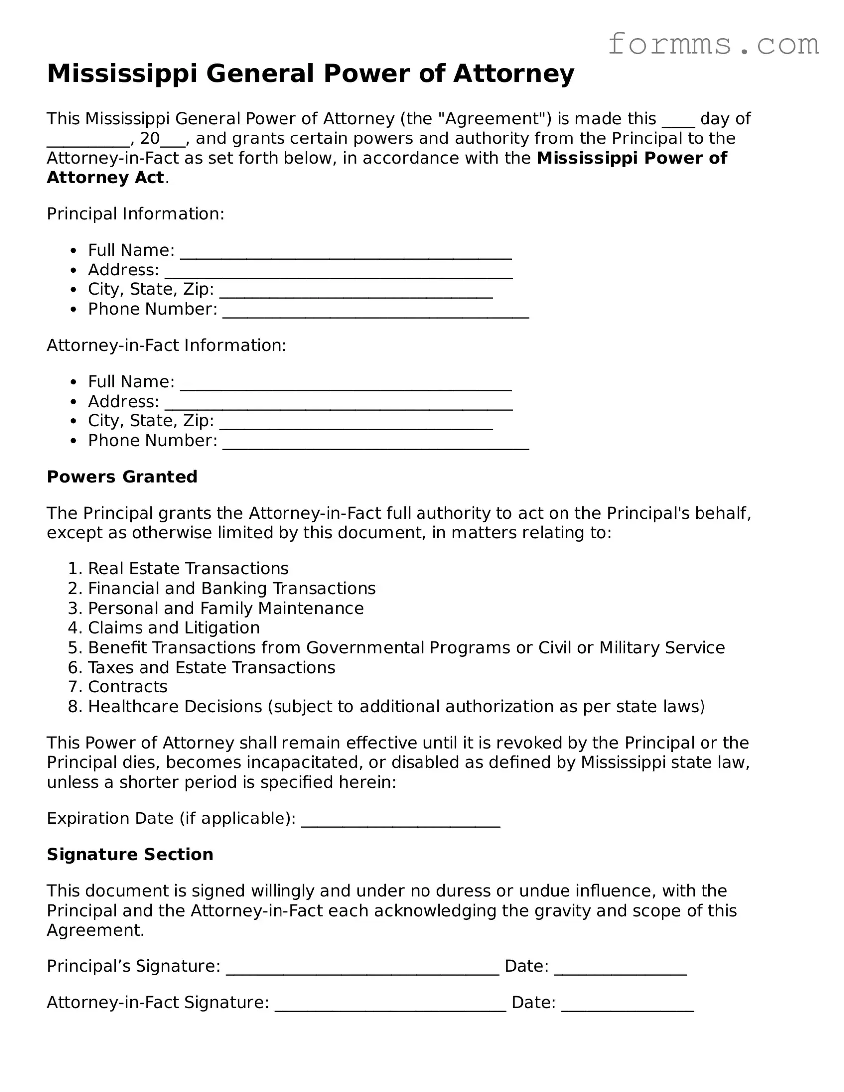 Free Mississippi General Power of Attorney Form