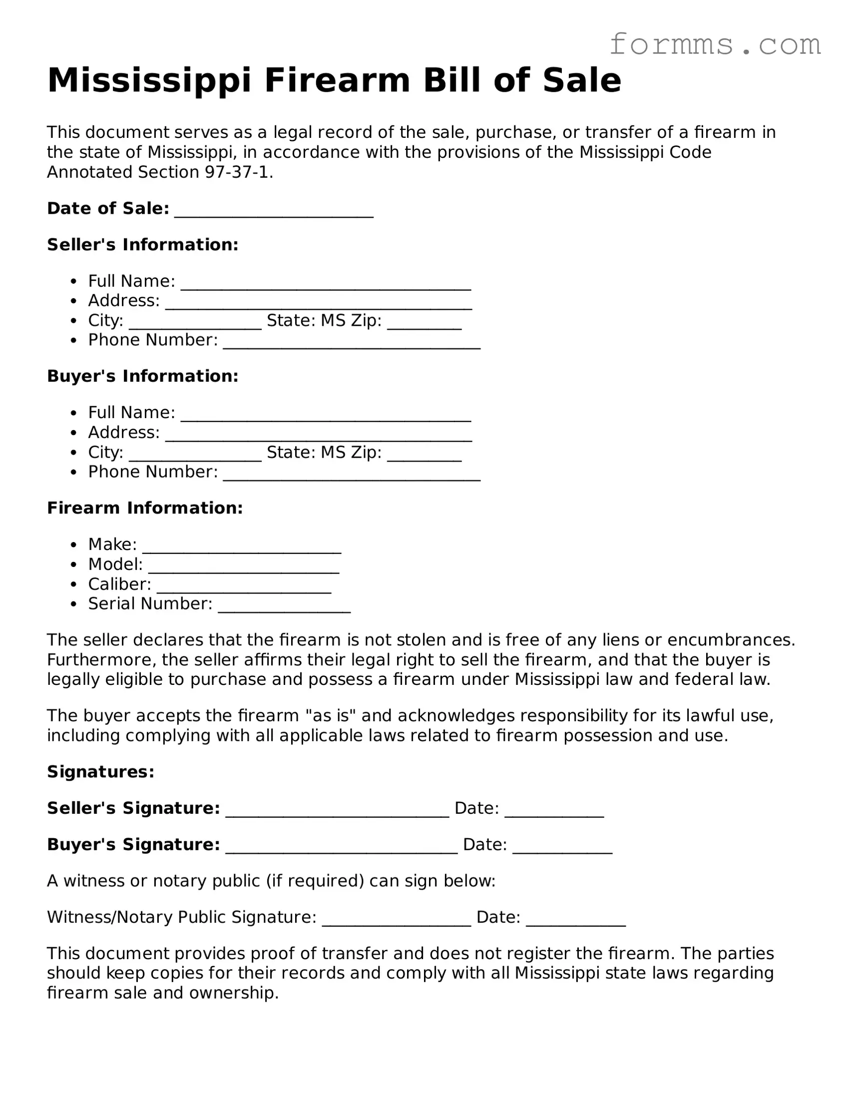 Free Mississippi Firearm Bill of Sale Form