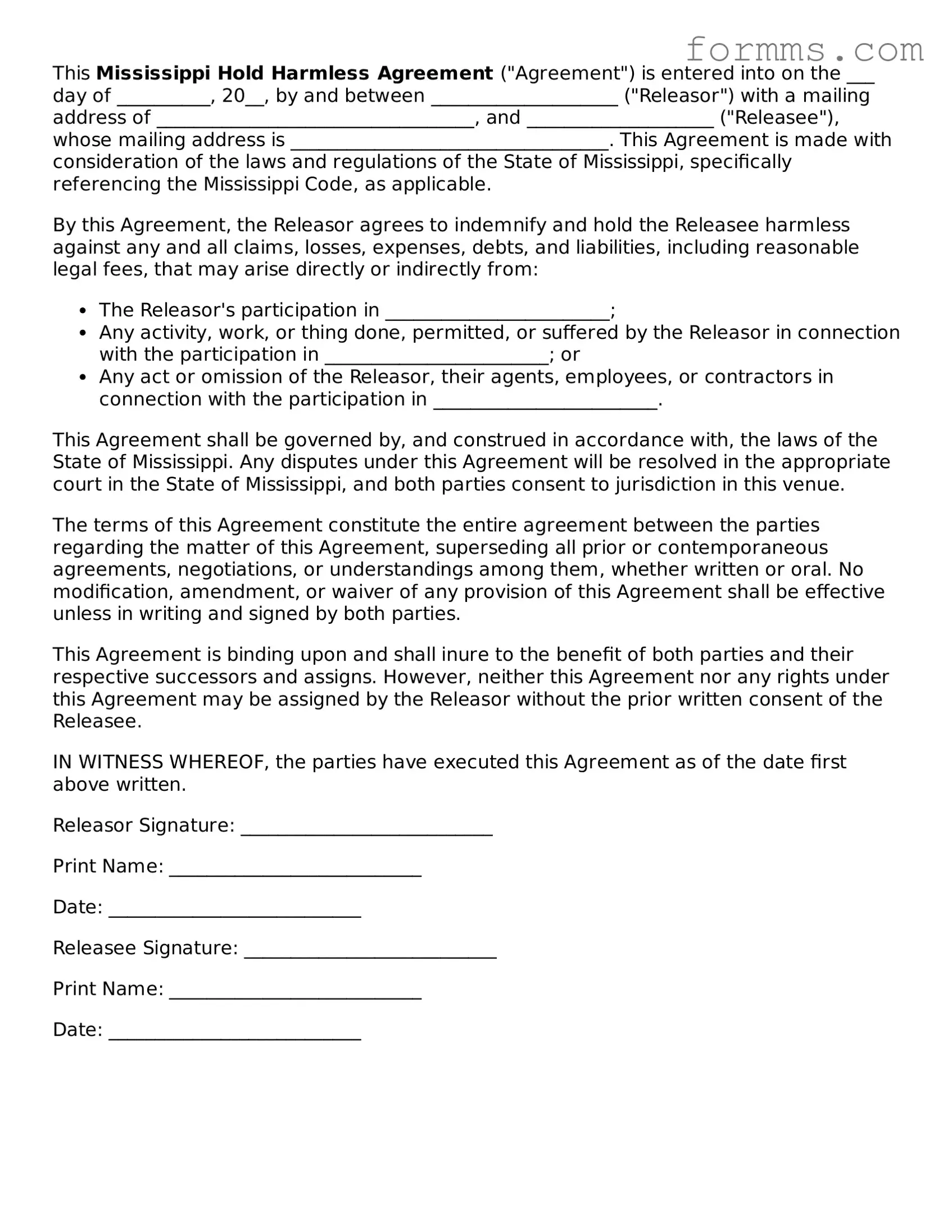 Free Mississippi Hold Harmless Agreement Form