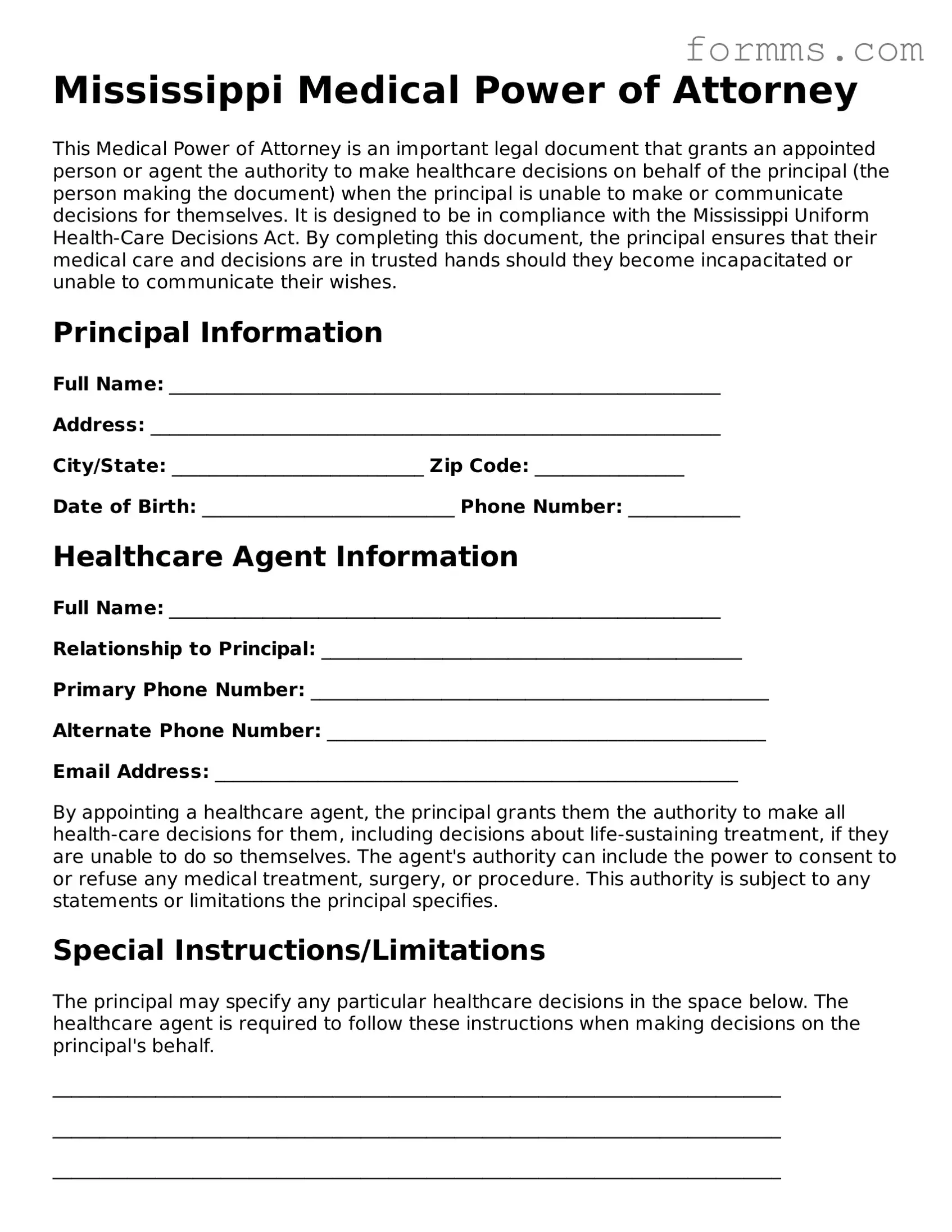 Free Mississippi Medical Power of Attorney Form