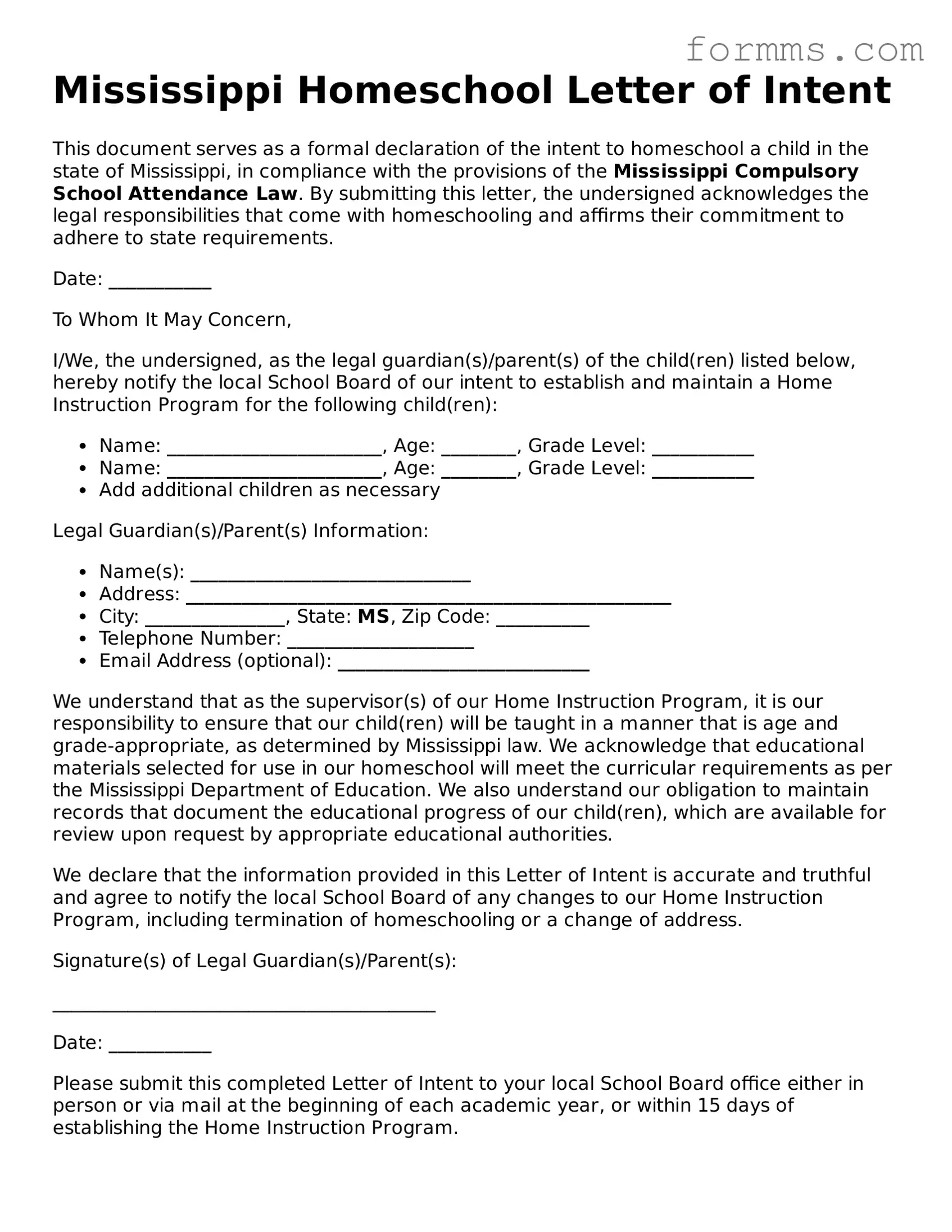 Free Mississippi Homeschool Letter of Intent Form