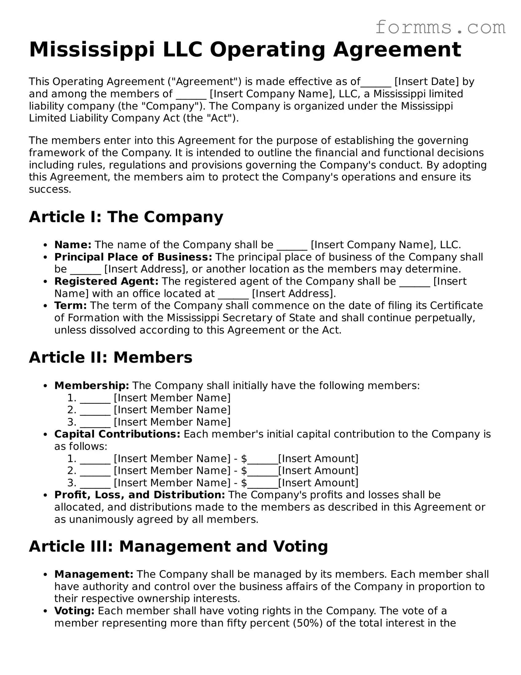Free Mississippi Operating Agreement Form
