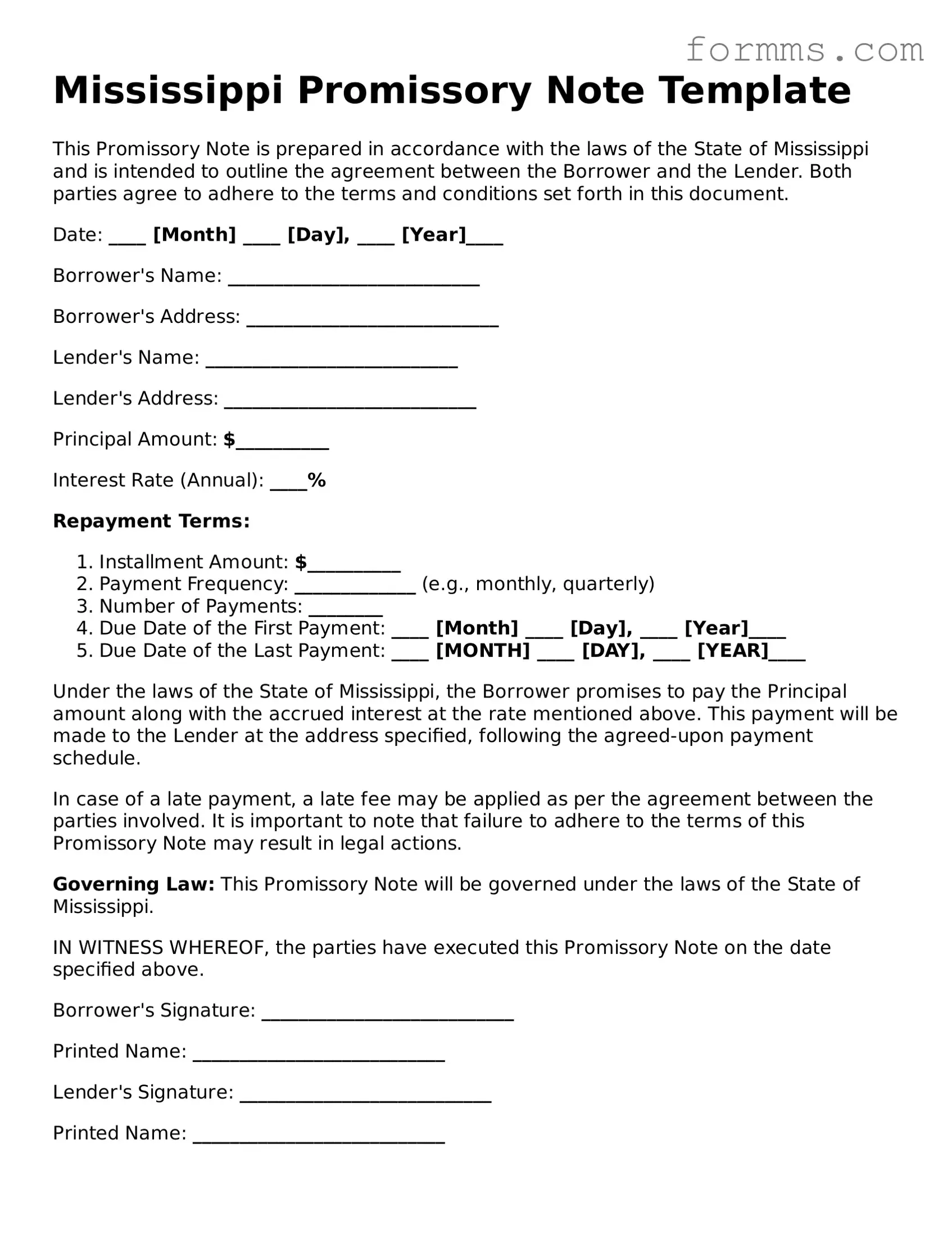 Free Mississippi Promissory Note Form