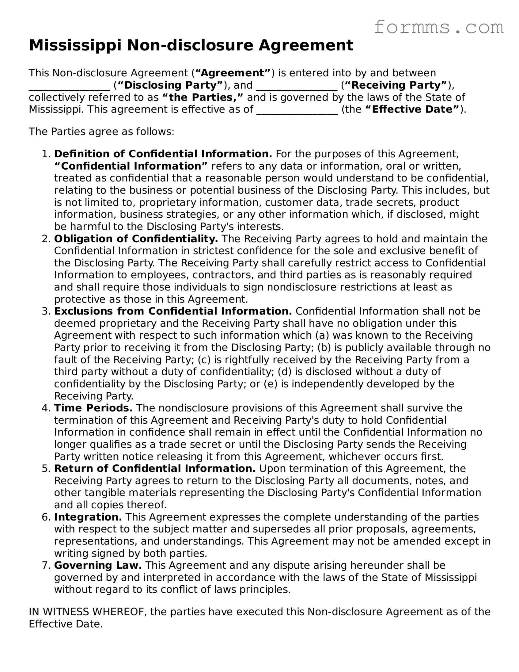 Free Mississippi Non-disclosure Agreement Form