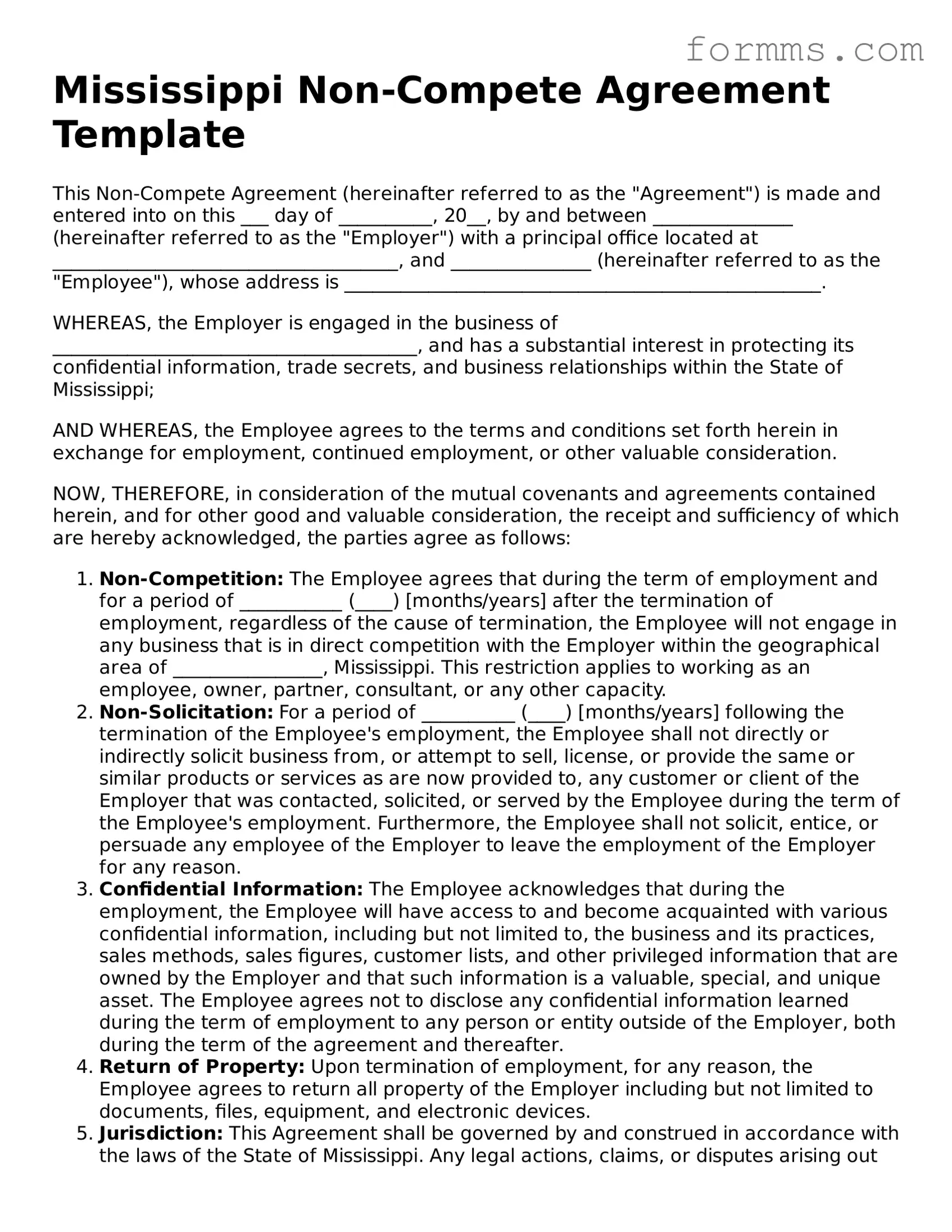 Free Mississippi Non-compete Agreement Form