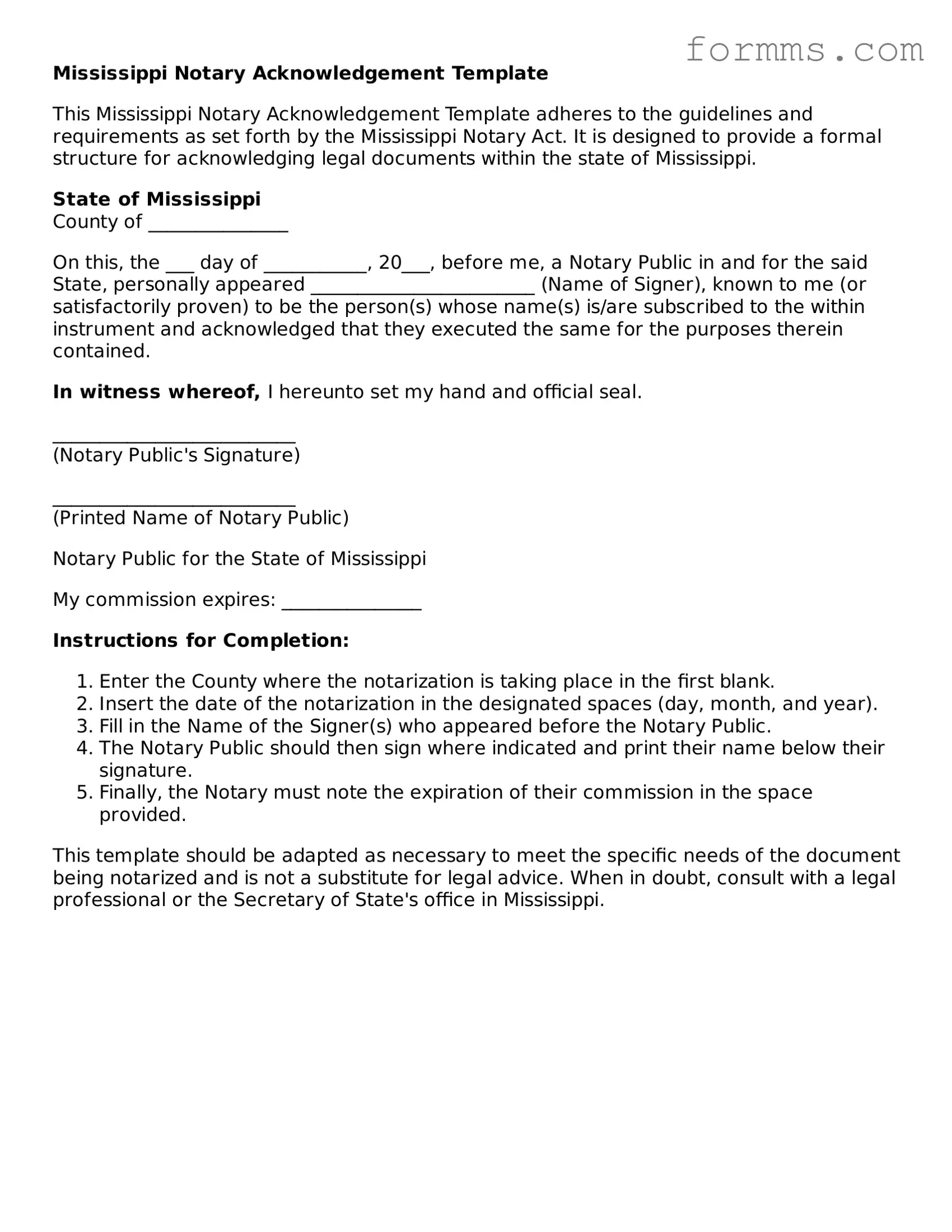 Free Mississippi Notary Acknowledgement Form