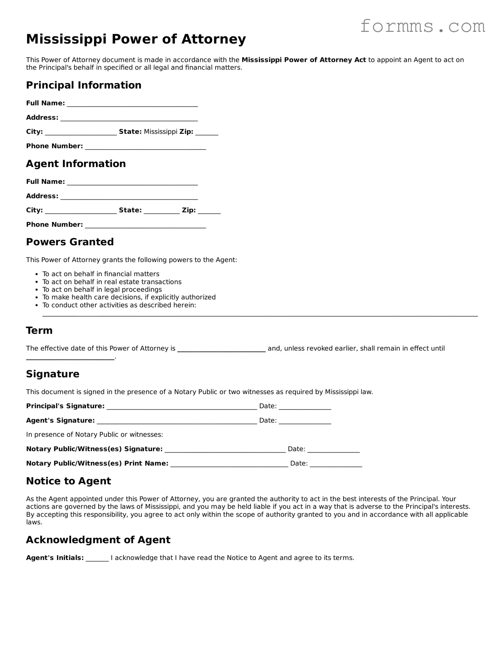 Free Mississippi Power of Attorney Form