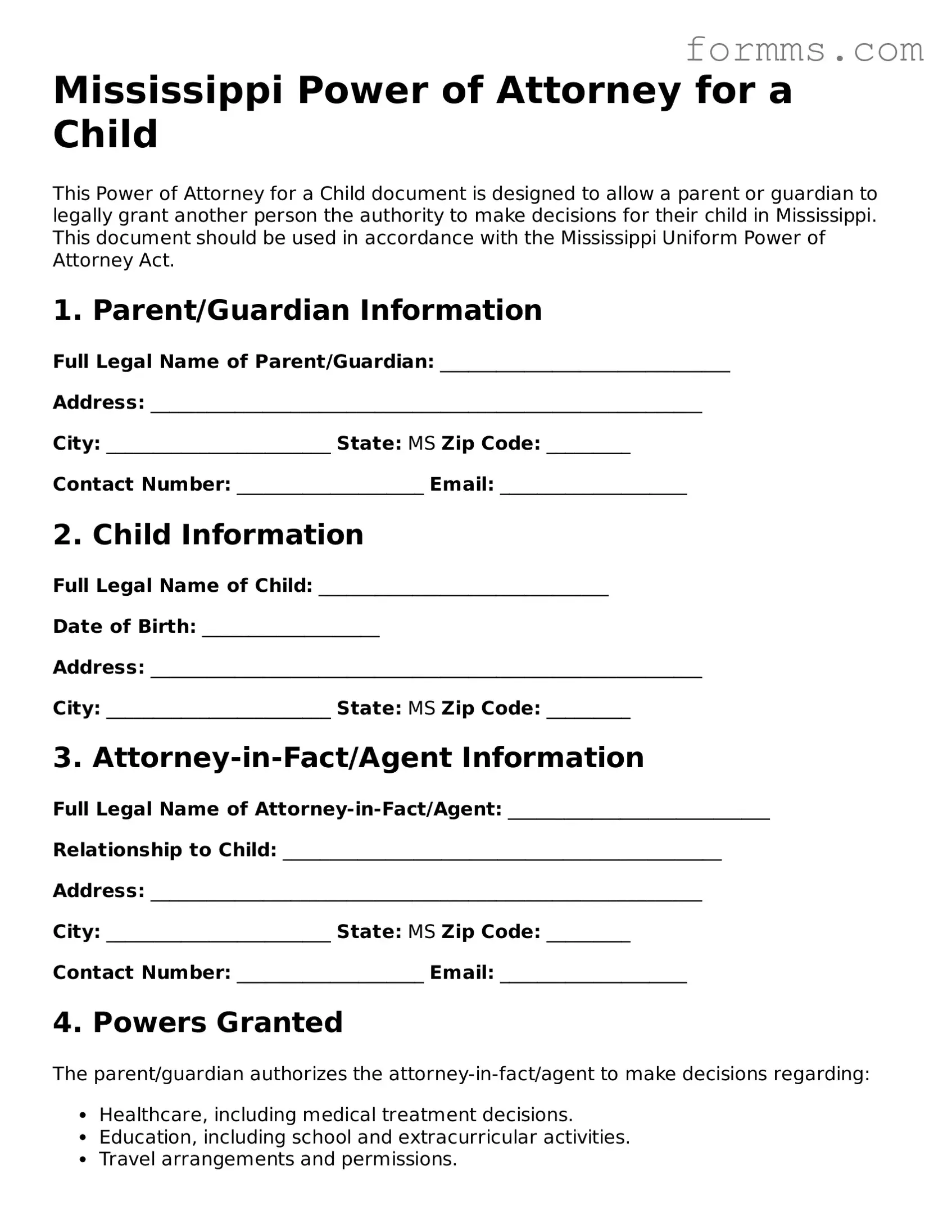 Free Mississippi Power of Attorney for a Child Form