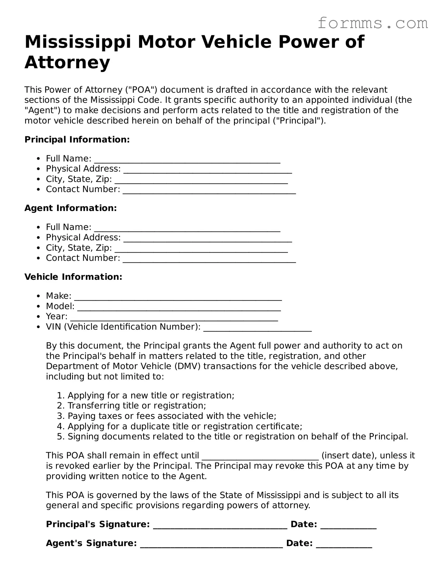Free Mississippi Motor Vehicle Power of Attorney Form