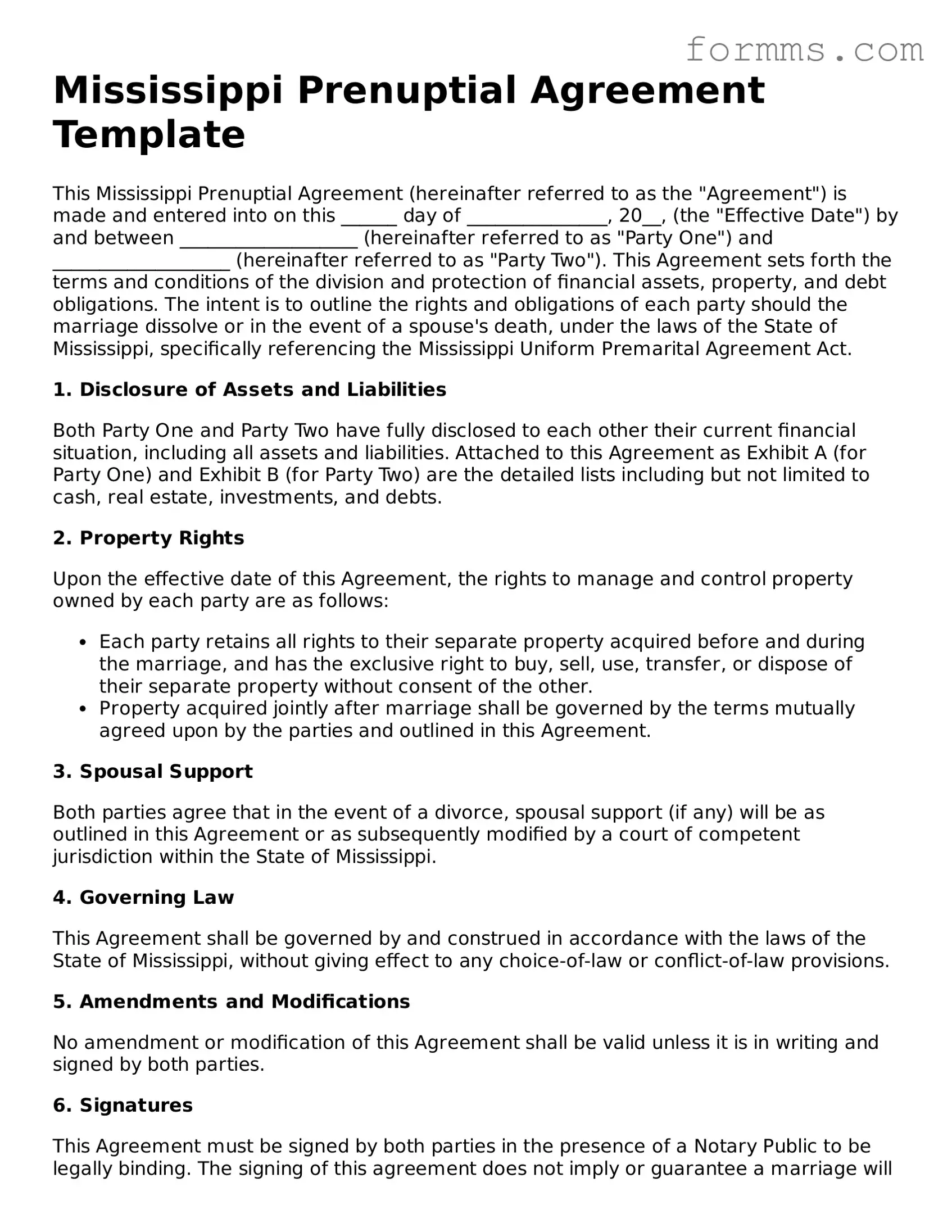Free Mississippi Prenuptial Agreement Form