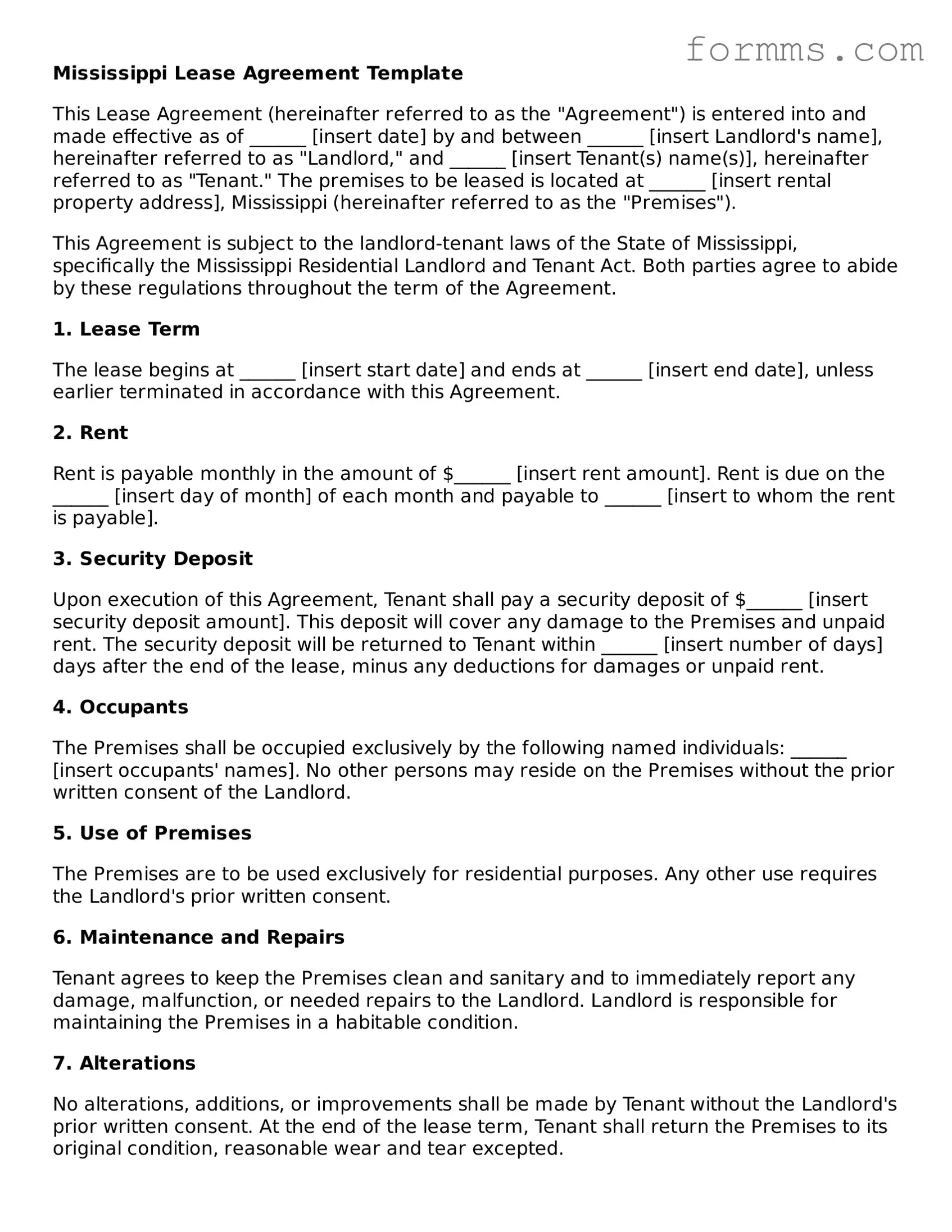 Free Mississippi Lease Agreement Form
