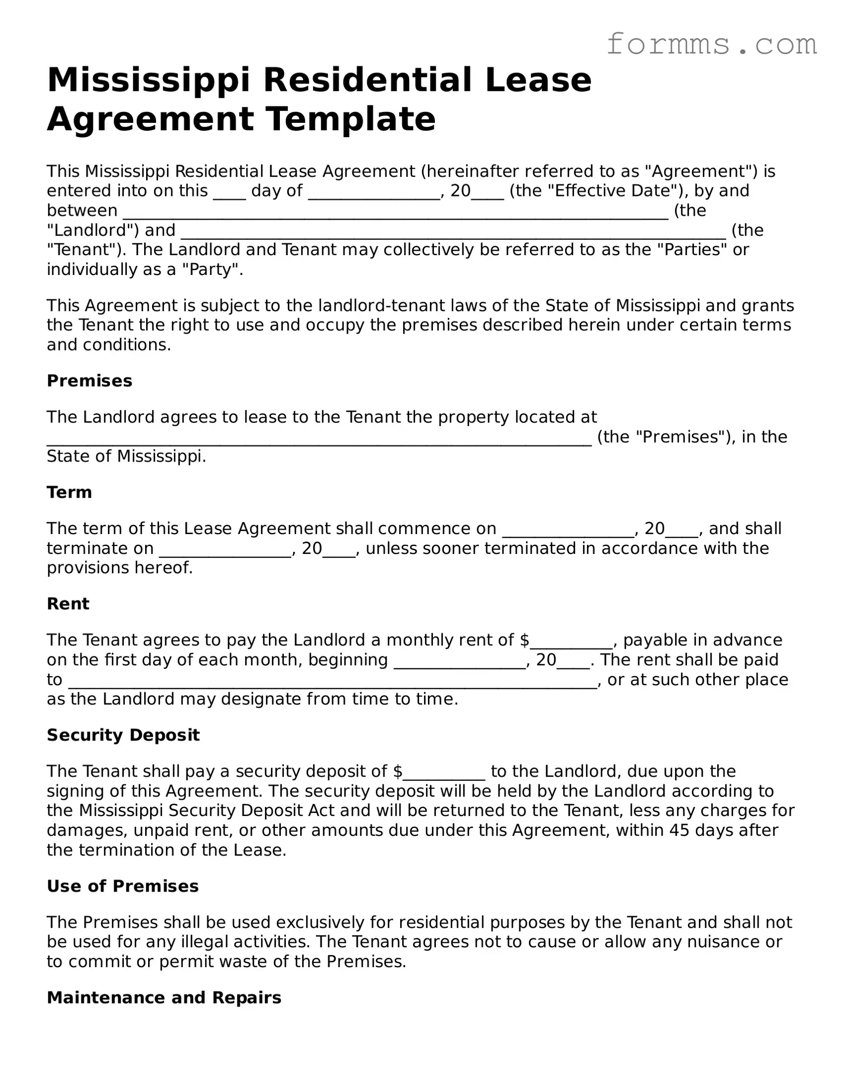 Free Mississippi Residential Lease Agreement Form