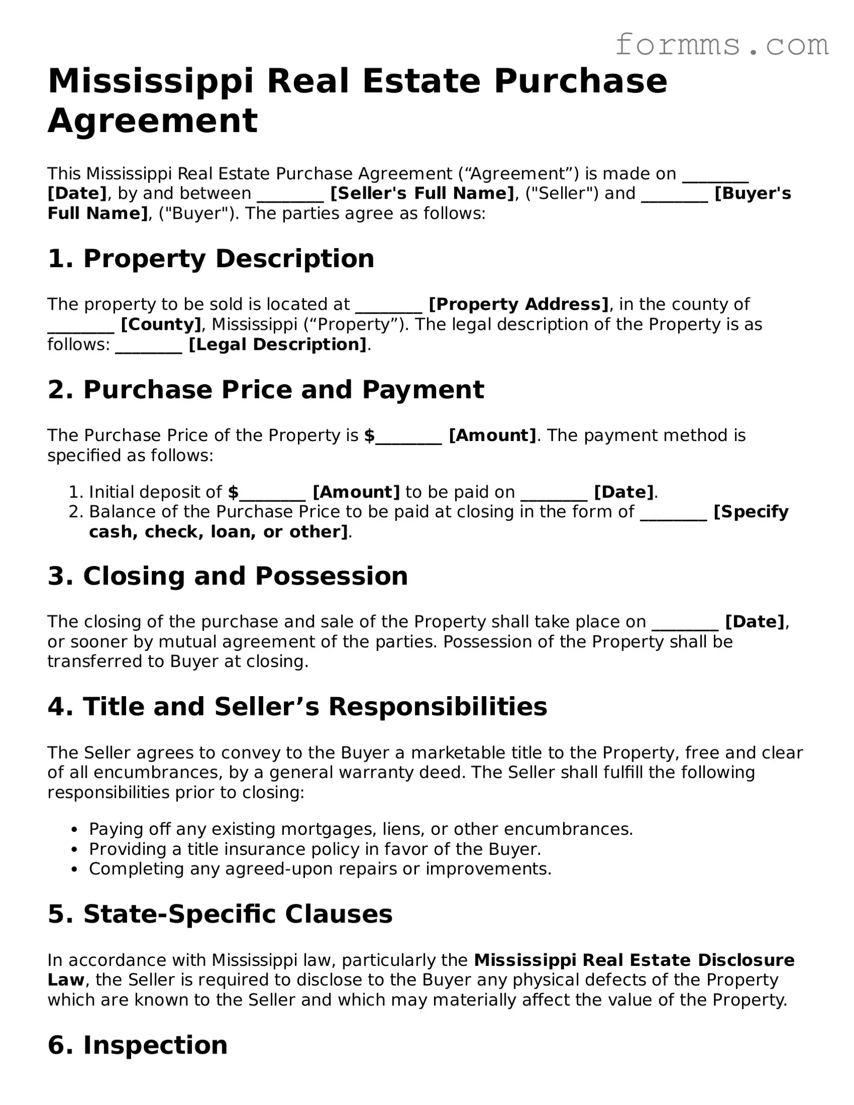 Free Mississippi Real Estate Purchase Agreement Form