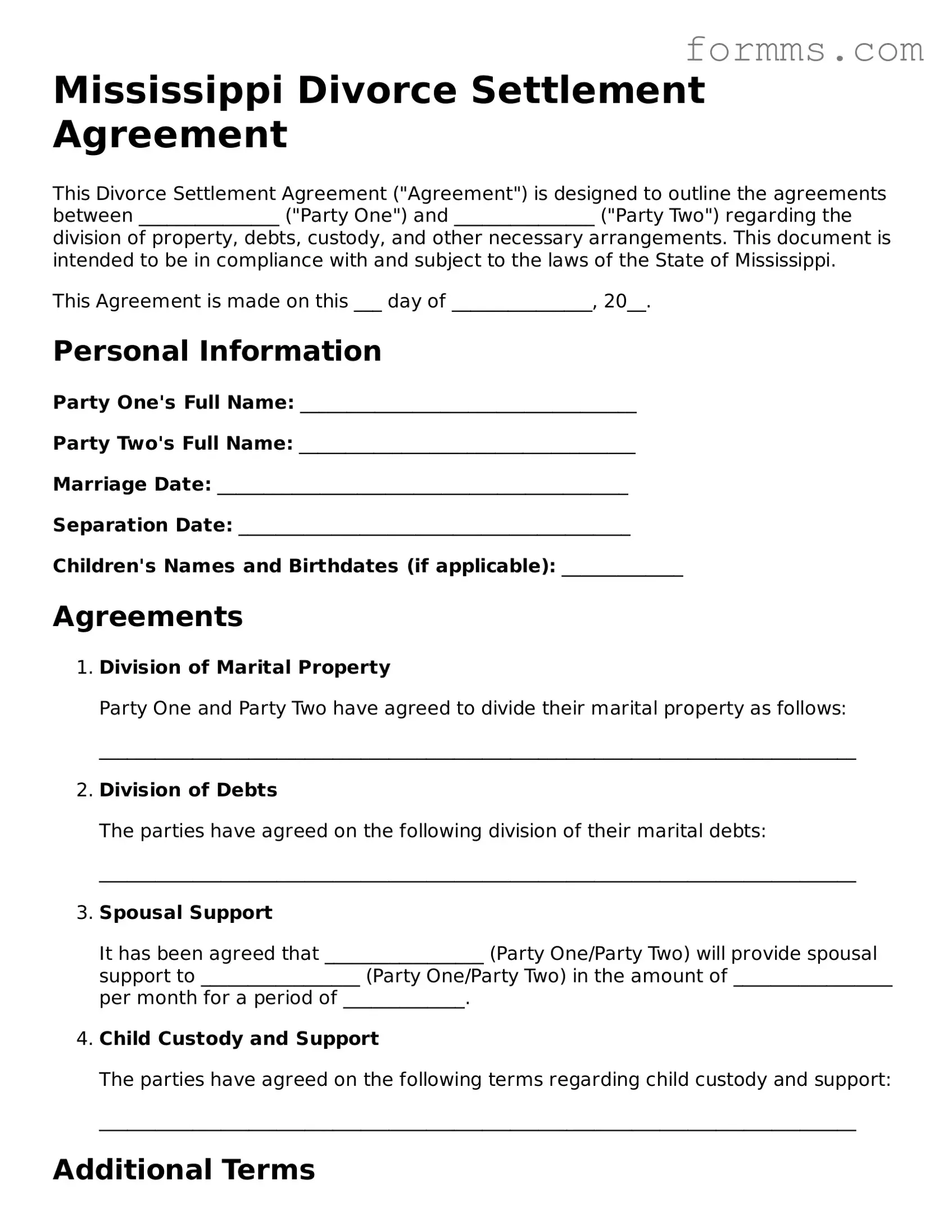Free Mississippi Divorce Settlement Agreement Form