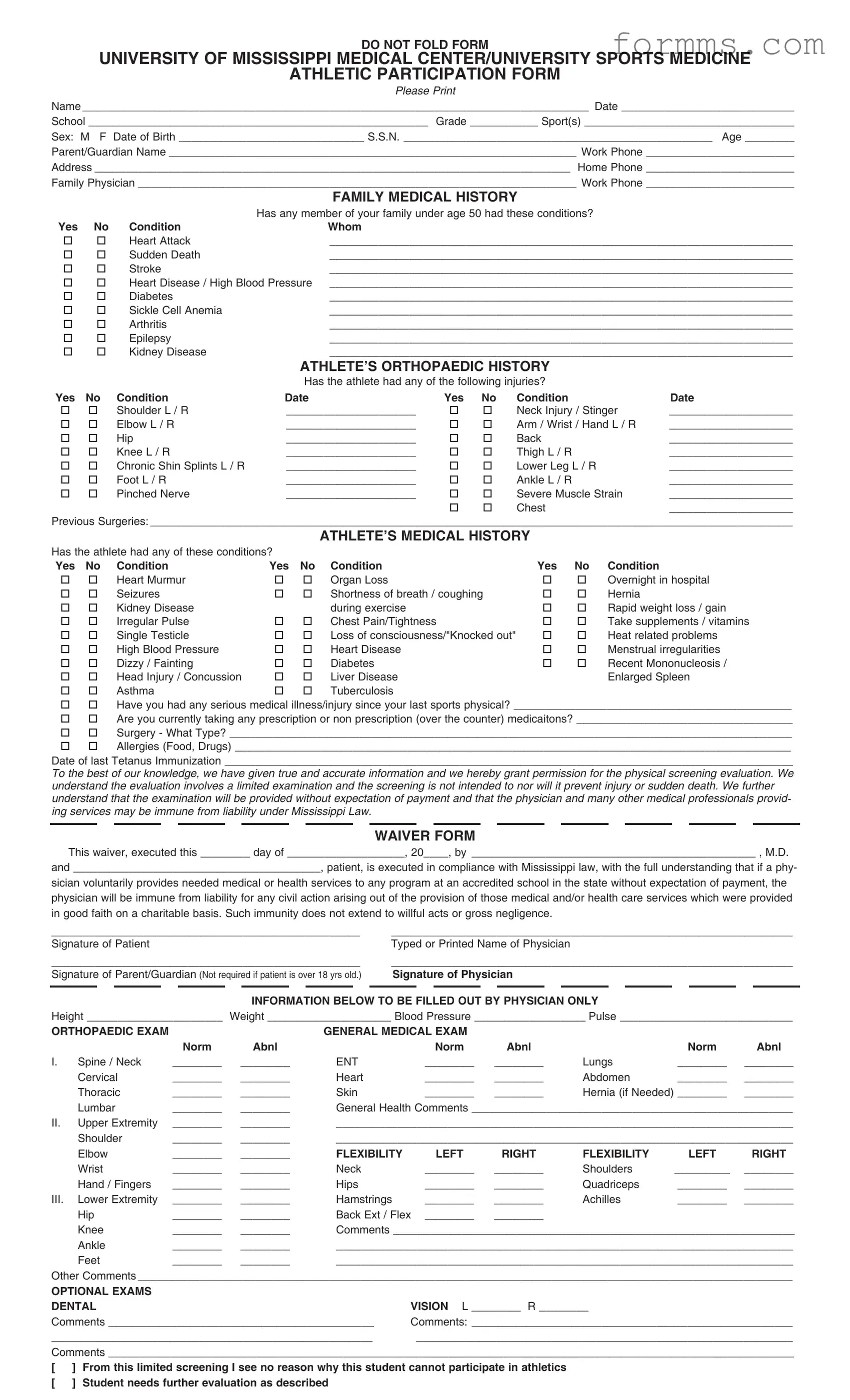 Mississippi Sports Medicine Athletics Physical Template in PDF