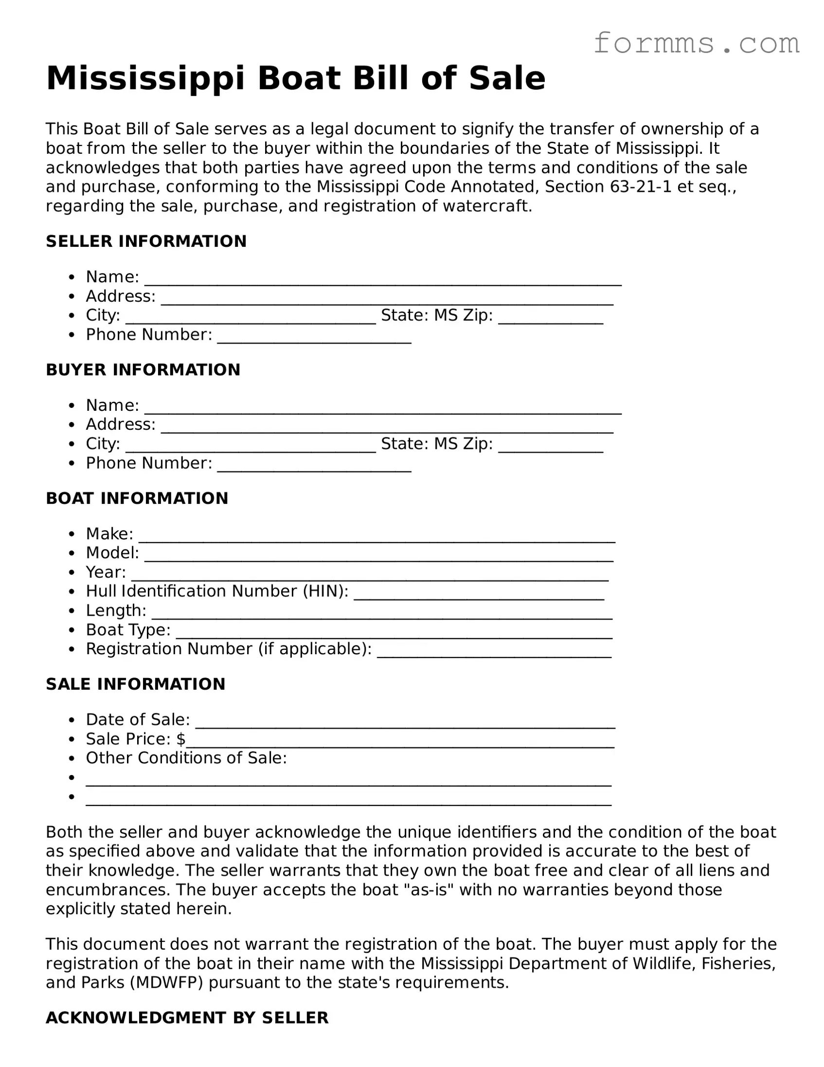 Free Mississippi Boat Bill of Sale Form