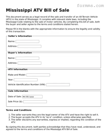 Free Mississippi ATV Bill of Sale Form