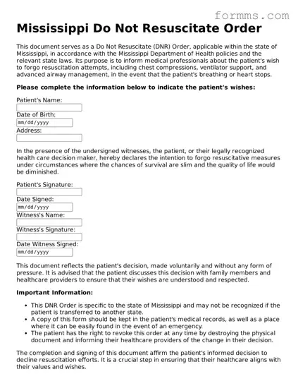 Free Mississippi Do Not Resuscitate Order Form