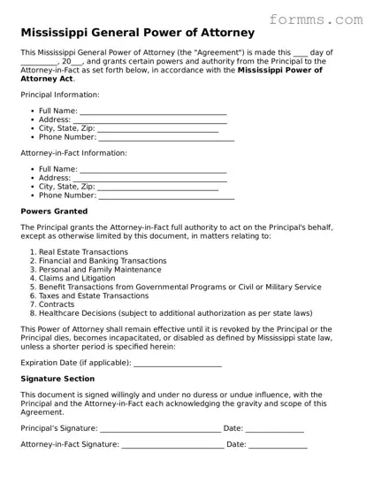 Free Mississippi General Power of Attorney Form
