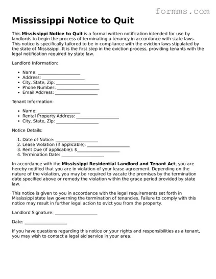 Free Mississippi Notice to Quit Form