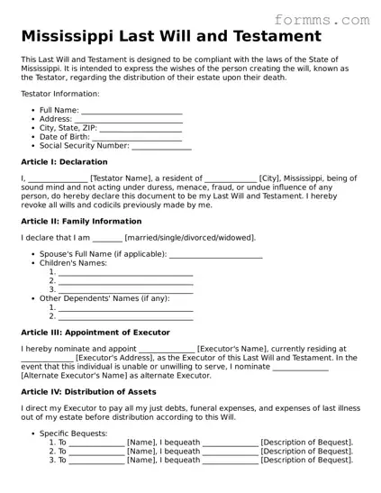 Free Mississippi Last Will and Testament Form