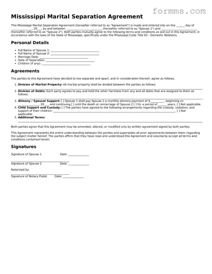 Free Mississippi Marital Separation Agreement Form