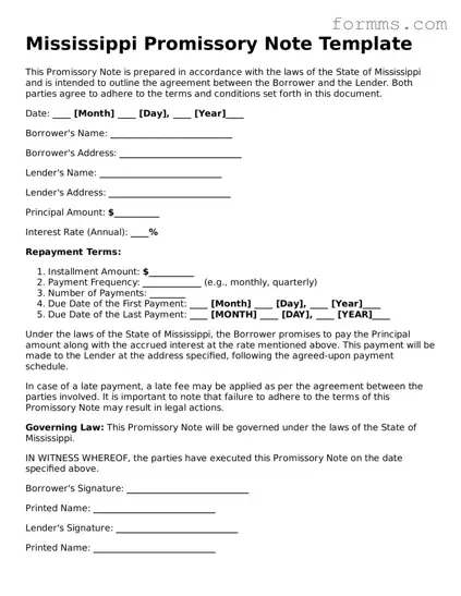 Free Mississippi Promissory Note Form