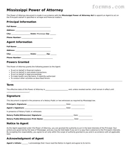 Free Mississippi Power of Attorney Form