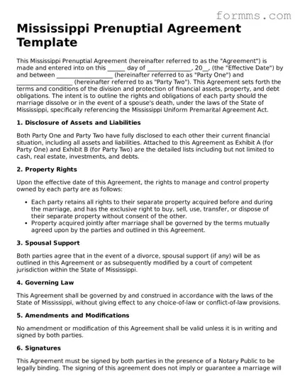 Free Mississippi Prenuptial Agreement Form
