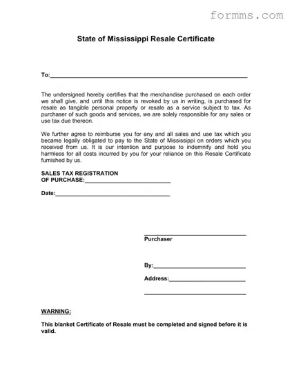 Mississippi Resale Certificate Template in PDF