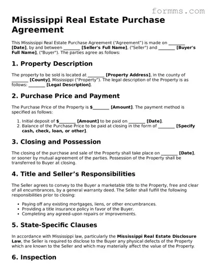 Free Mississippi Real Estate Purchase Agreement Form