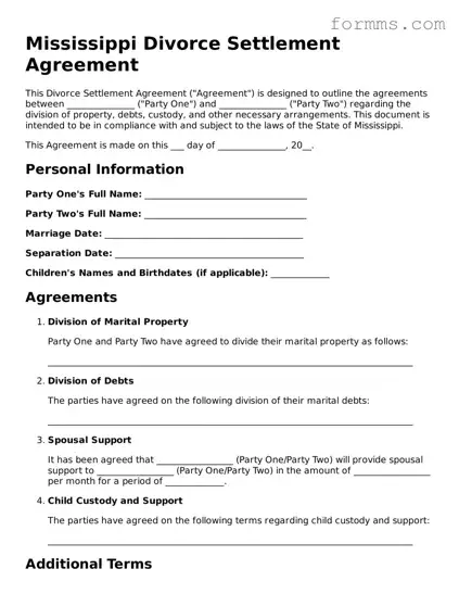 Free Mississippi Divorce Settlement Agreement Form