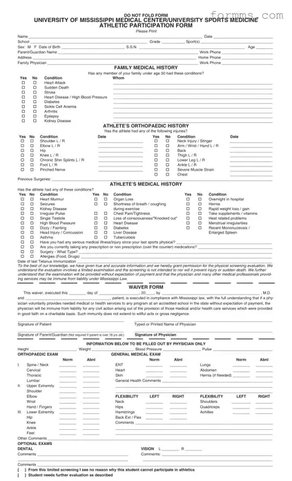 Mississippi Sports Medicine Athletics Physical Template in PDF