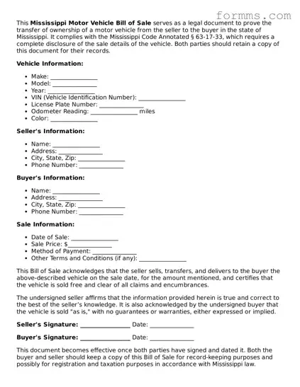 Free Mississippi Motor Vehicle Bill of Sale Form